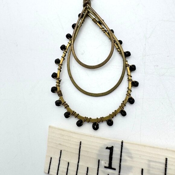 Handmade Nepal Brass Black Bead Teardrop Dangle Earrings Wire Wrapped Accents - Picture 4 of 6